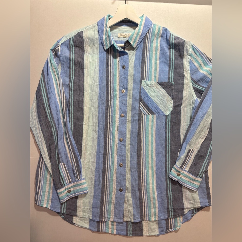 Habitat Escaped Striped Button Up Shirt costal beach Preppy Classic vacation SZM